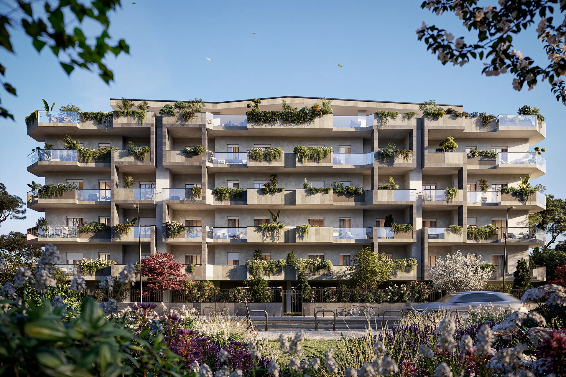 Vista esterna del complesso residenziale Rondò Living con appartamenti di nuova costruzione alla Bufalotta