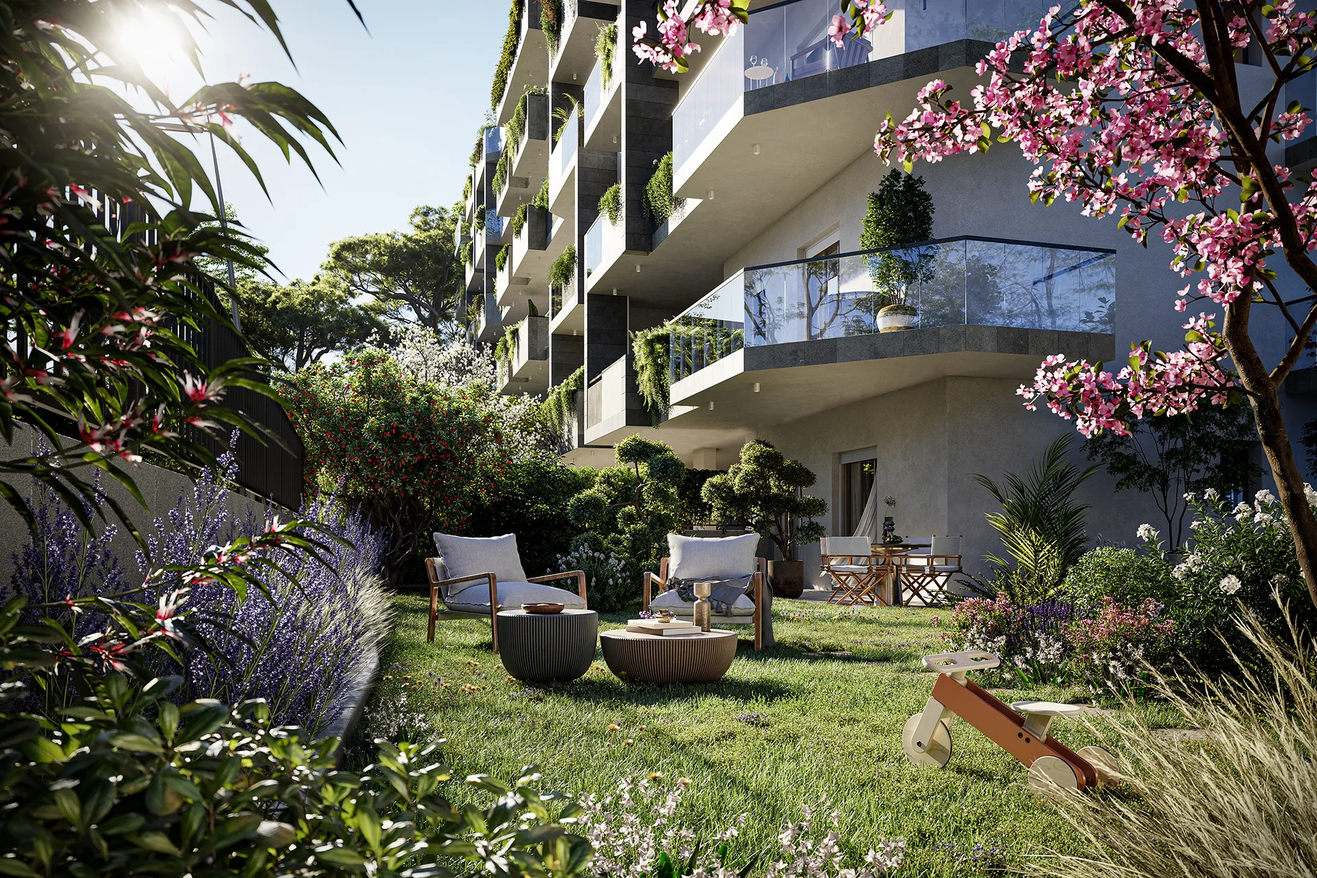 Giardino privato delle nuove residenze Rondò Living alla Bufalotta, appartamenti con spazi verdi a Roma
